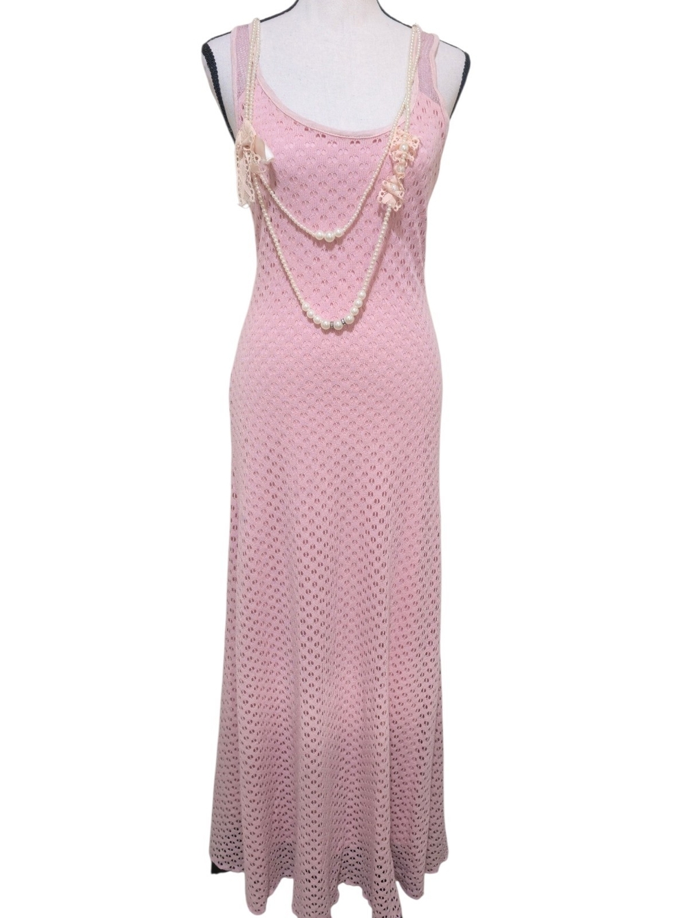 Just Me USA Pink Eyelet Crochet Maxi Dress Med Mix Media Barbie Pretty in Pink